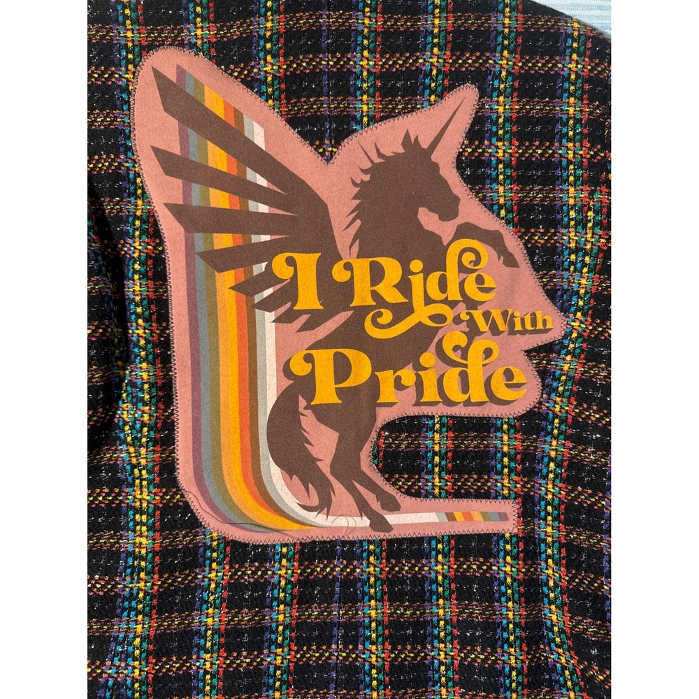 Upcycled Rainbow Tweed Jacket Unicorn Applique I Ride With Pride Womens 8 Petite - Picture 2 of 7